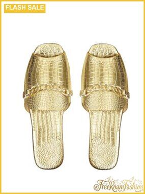Metallic Chain Decor Flat Slide Sandals Square Toe Slip On Dressy